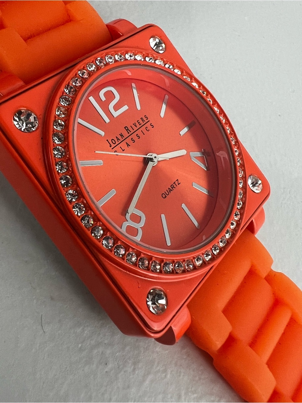 VTG Joan Rivers Classics Orange Silicone Square Bling Watch (Needs Battery)